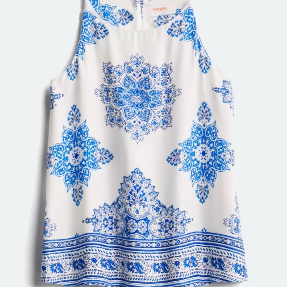 Renee C. Blue and White Tank Top with Intricate Patterns